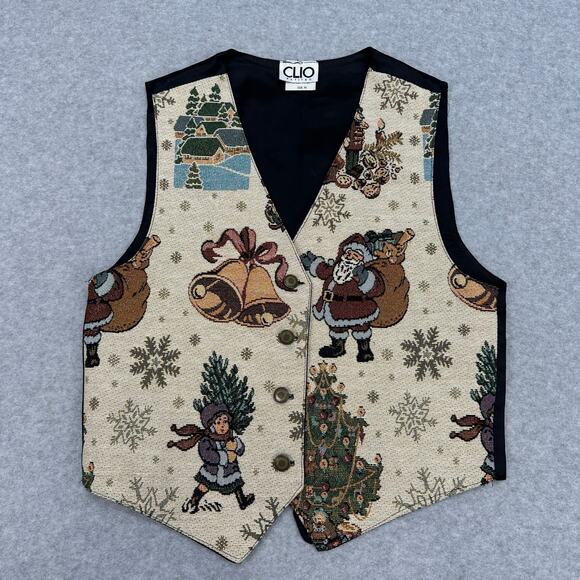 Clio Christmas Tapestry Vest WMNS PS Multicolor Holiday Santa Bells USA Vtg 90s - Picture 1 of 6
